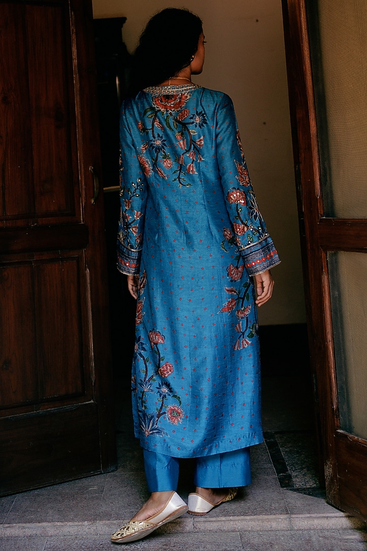 Blue Dupion Silk Printed & Embroidered Kurta Set  by Drishti & Zahabia at Pernia's Pop Up Shop