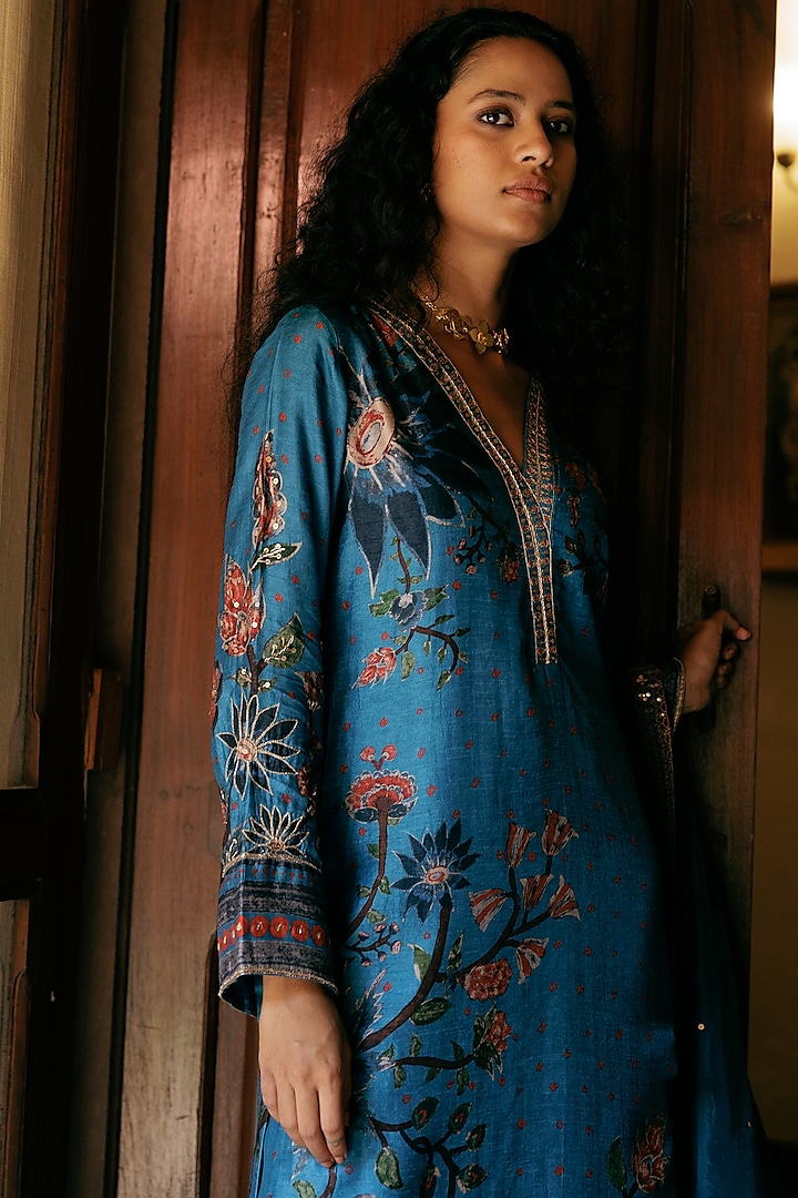 Blue Dupion Silk Printed & Embroidered Kurta Set  by Drishti & Zahabia at Pernia's Pop Up Shop