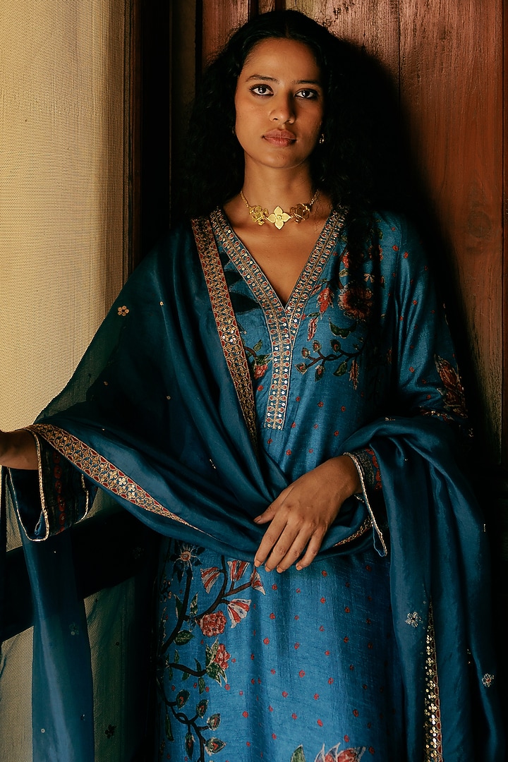 Blue Dupion Silk Printed & Embroidered Kurta Set  by Drishti & Zahabia at Pernia's Pop Up Shop