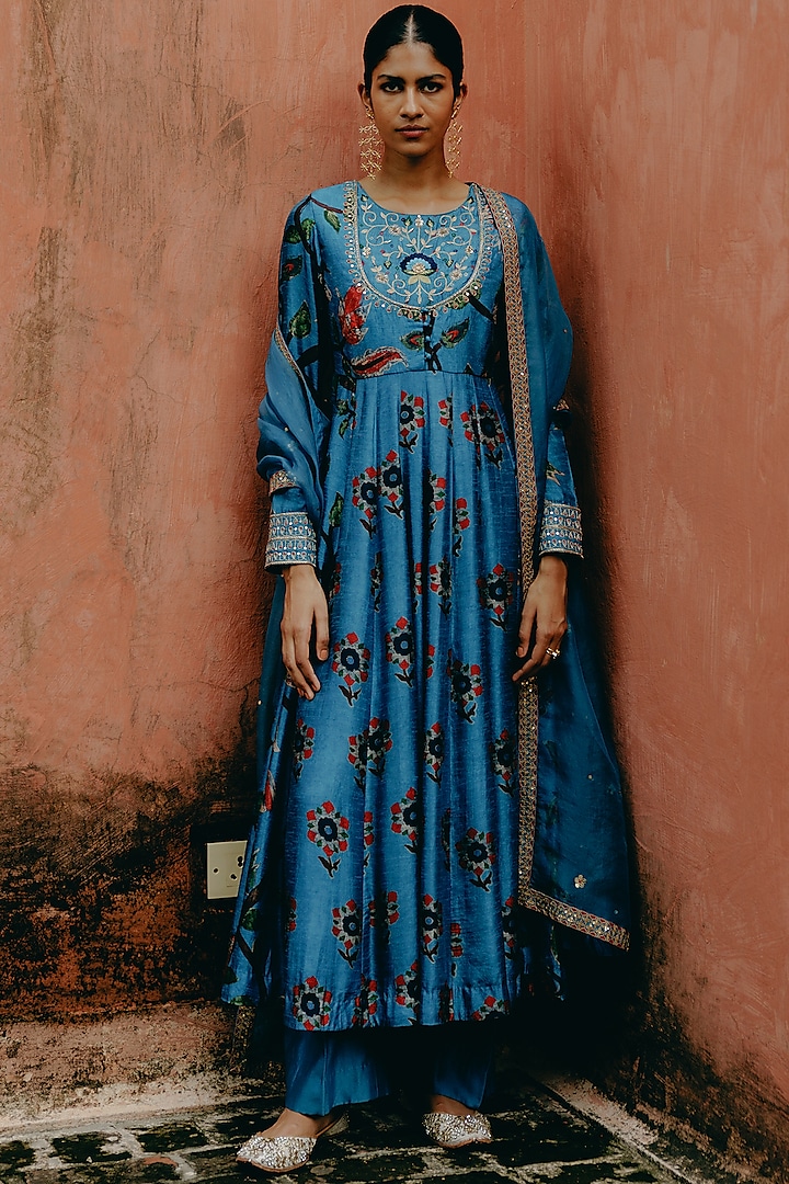 Blue Dupion Silk Embroidered & Printed Anarkali Set by Drishti & Zahabia at Pernia's Pop Up Shop