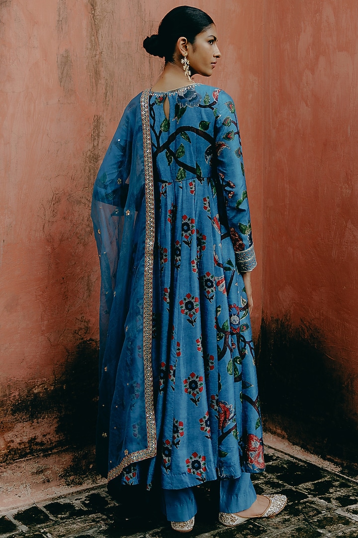 Blue Dupion Silk Embroidered & Printed Wedding Anarkali Set by Drishti & Zahabia at Pernia's Pop Up Shop