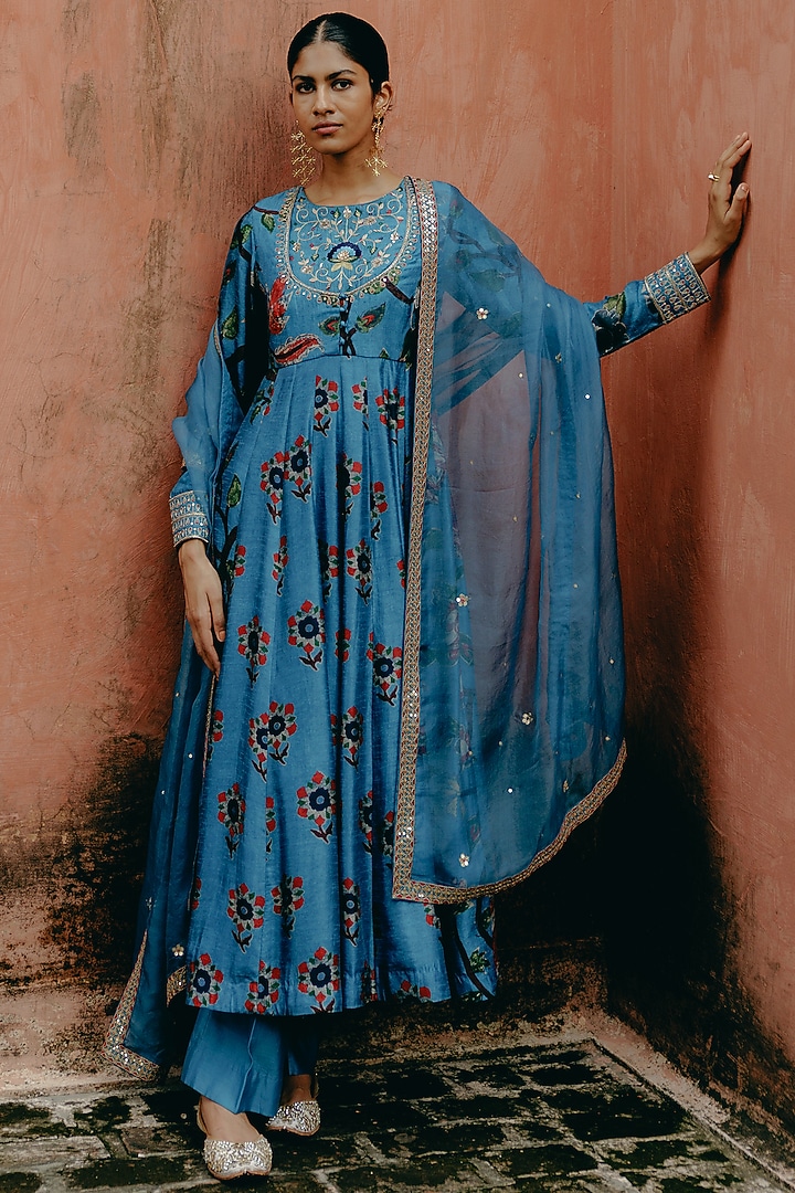 Blue Dupion Silk Embroidered & Printed Wedding Anarkali Set by Drishti & Zahabia at Pernia's Pop Up Shop