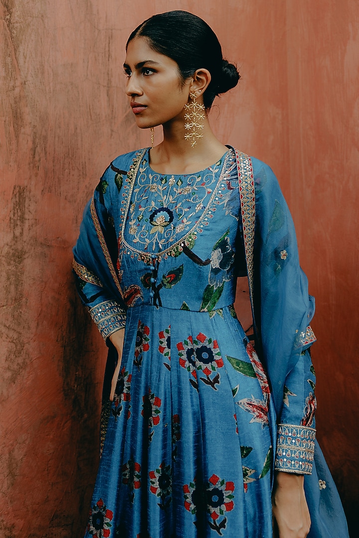 Blue Dupion Silk Embroidered & Printed Wedding Anarkali Set by Drishti & Zahabia at Pernia's Pop Up Shop