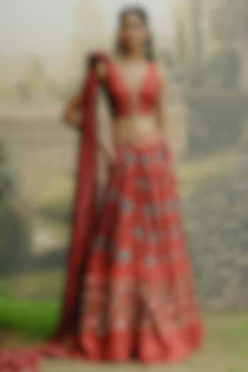 Red Dupion Silk Embroidered & Printed Wedding Lehenga Set by Drishti & Zahabia at Pernia's Pop Up Shop