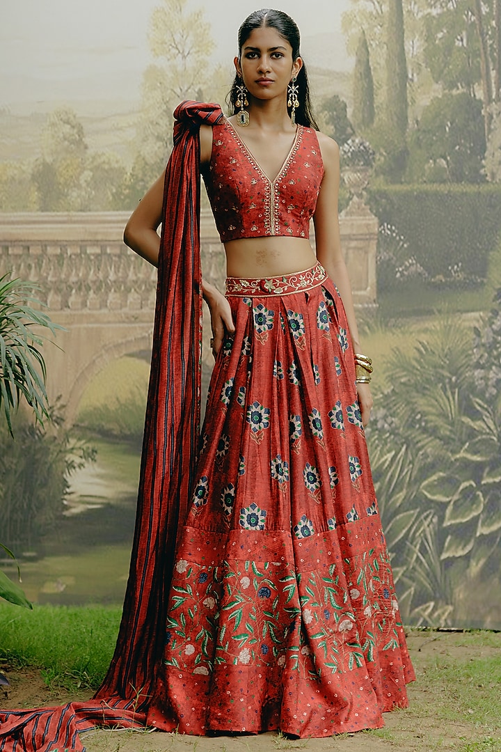 Red Dupion Silk Embroidered & Printed Wedding Lehenga Set by Drishti & Zahabia at Pernia's Pop Up Shop