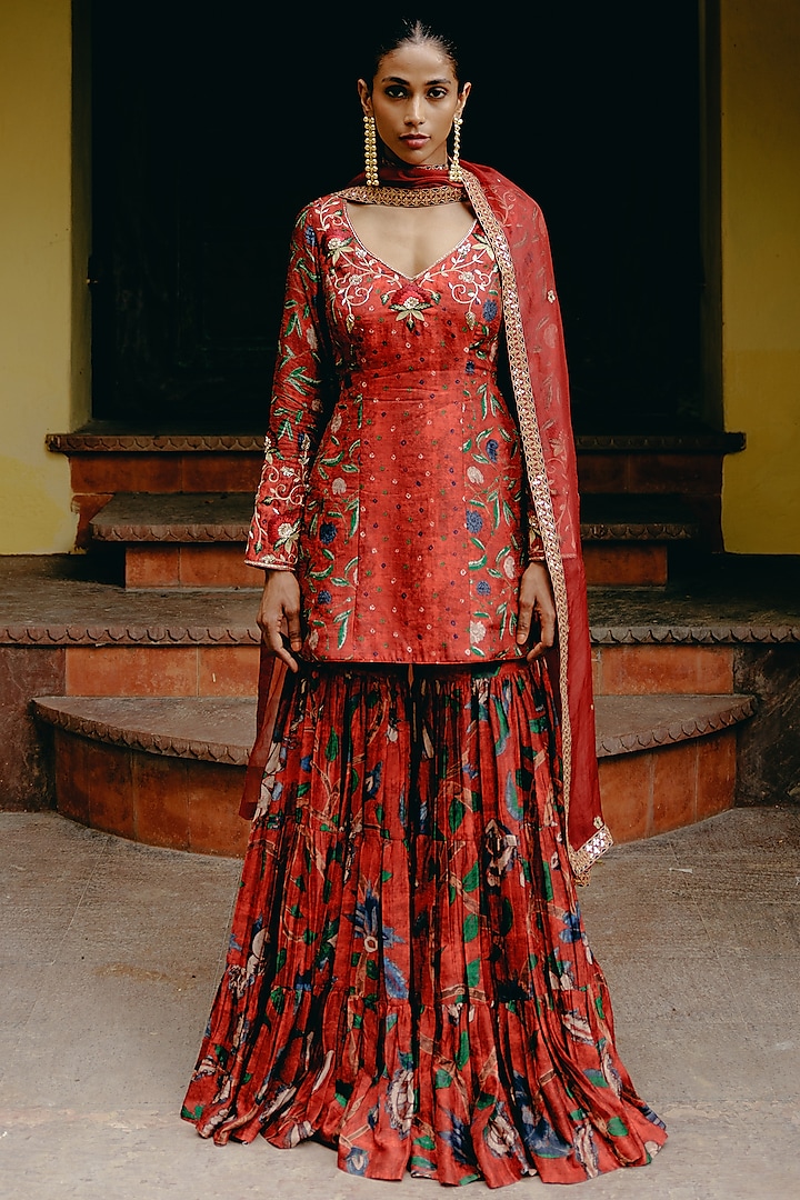 Red Dupion Silk Printed Sharara Set by Drishti & Zahabia at Pernia's Pop Up Shop