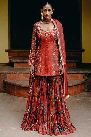 Red Dupion Silk Printed Sharara Set by Drishti & Zahabia