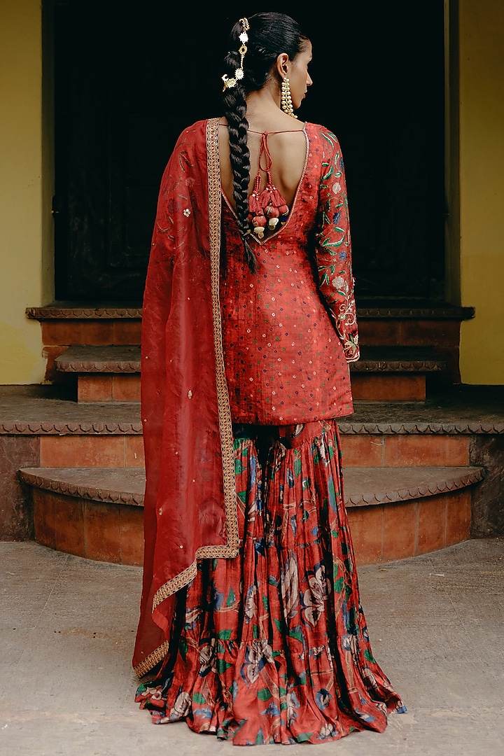 Red Dupion Silk Printed Wedding Sharara Set by Drishti & Zahabia at Pernia's Pop Up Shop
