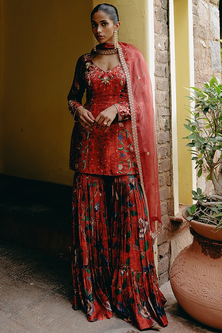 Red Dupion Silk Printed Wedding Sharara Set by Drishti & Zahabia at Pernia's Pop Up Shop