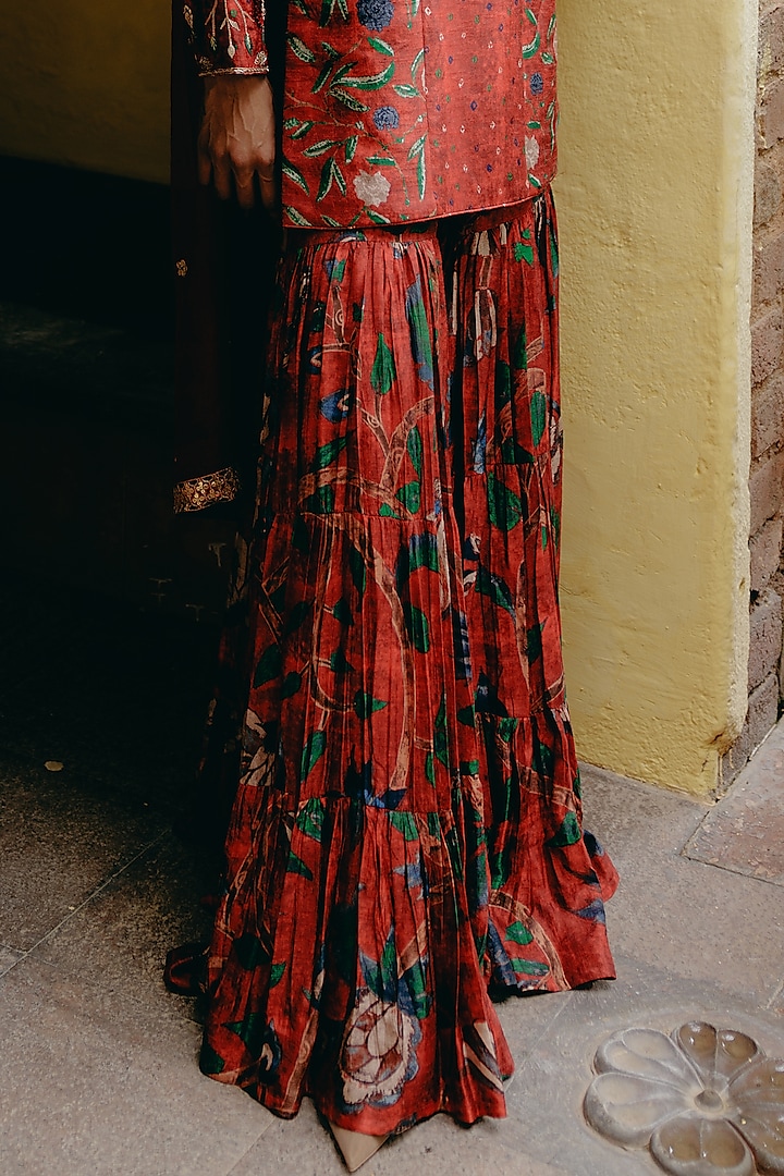 Red Dupion Silk Printed Wedding Sharara Set by Drishti & Zahabia at Pernia's Pop Up Shop