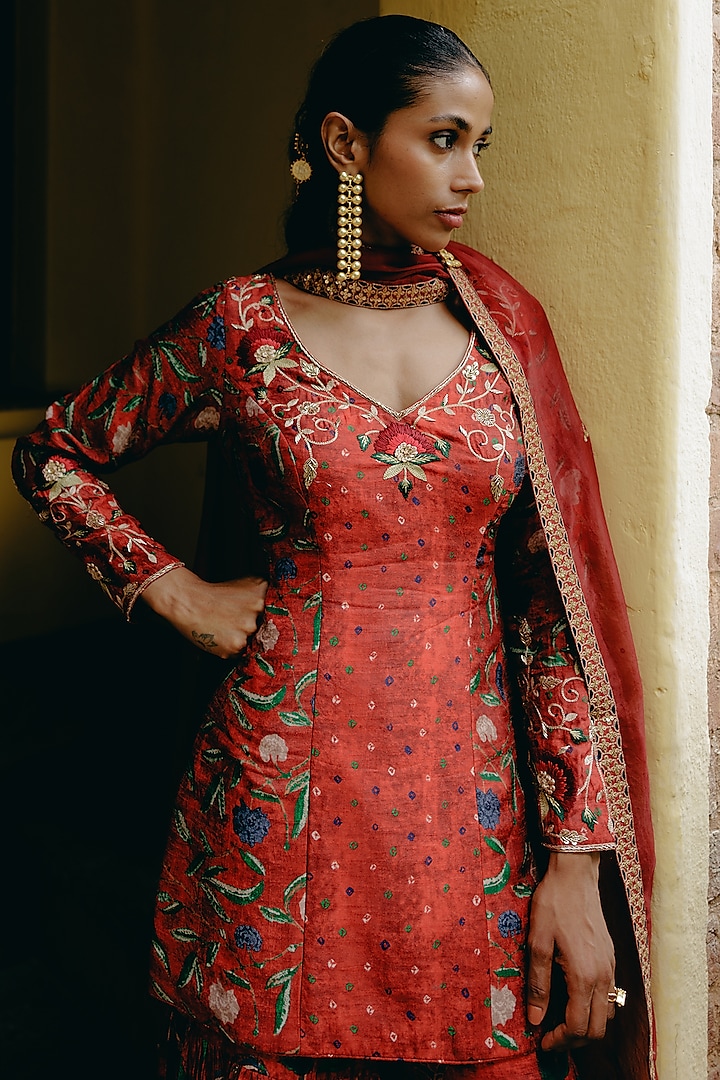 Red Dupion Silk Printed Wedding Sharara Set by Drishti & Zahabia at Pernia's Pop Up Shop
