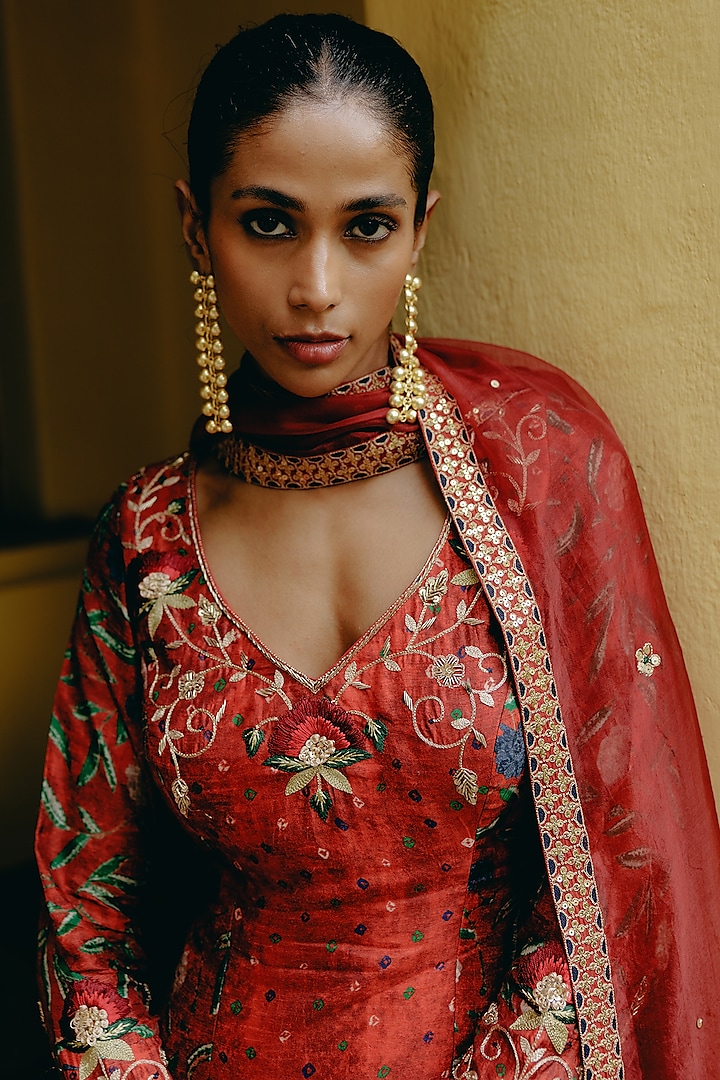 Red Dupion Silk Printed Wedding Sharara Set by Drishti & Zahabia at Pernia's Pop Up Shop