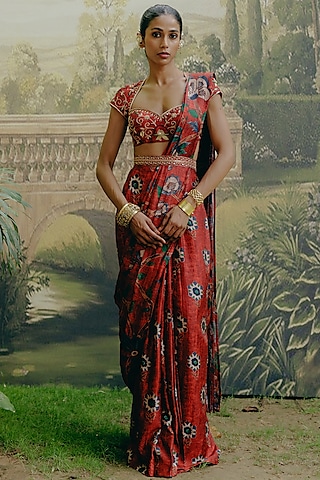 Red Dupion Silk Kalamkari Printed Pre-Draped Saree Set by Drishti & Zahabia