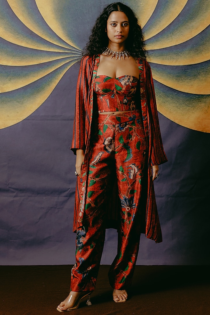 Red Dupion Silk Kalamkari Printed Co-Ord Set by Drishti & Zahabia at Pernia's Pop Up Shop