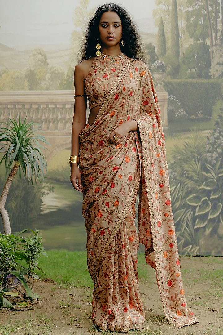 Biscuit-Colored Dupion Silk Kalamkari Printed Saree Set by Drishti & Zahabia at Pernia's Pop Up Shop