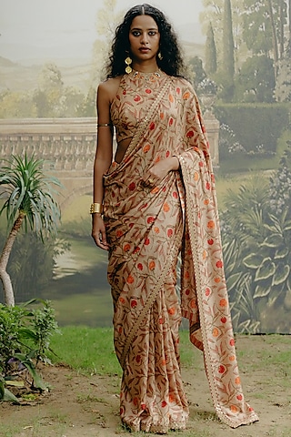 Biscuit-Colored Dupion Silk Kalamkari Printed Saree Set by Drishti & Zahabia