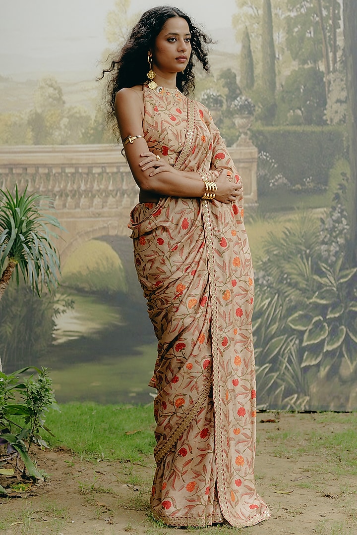 Biscuit-Colored Dupion Silk Kalamkari Printed Party Wear Saree Set by Drishti & Zahabia at Pernia's Pop Up Shop