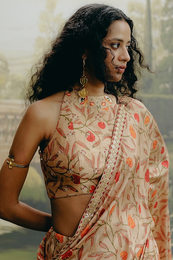 Biscuit-Colored Dupion Silk Kalamkari Printed Party Wear Saree Set by Drishti & Zahabia at Pernia's Pop Up Shop
