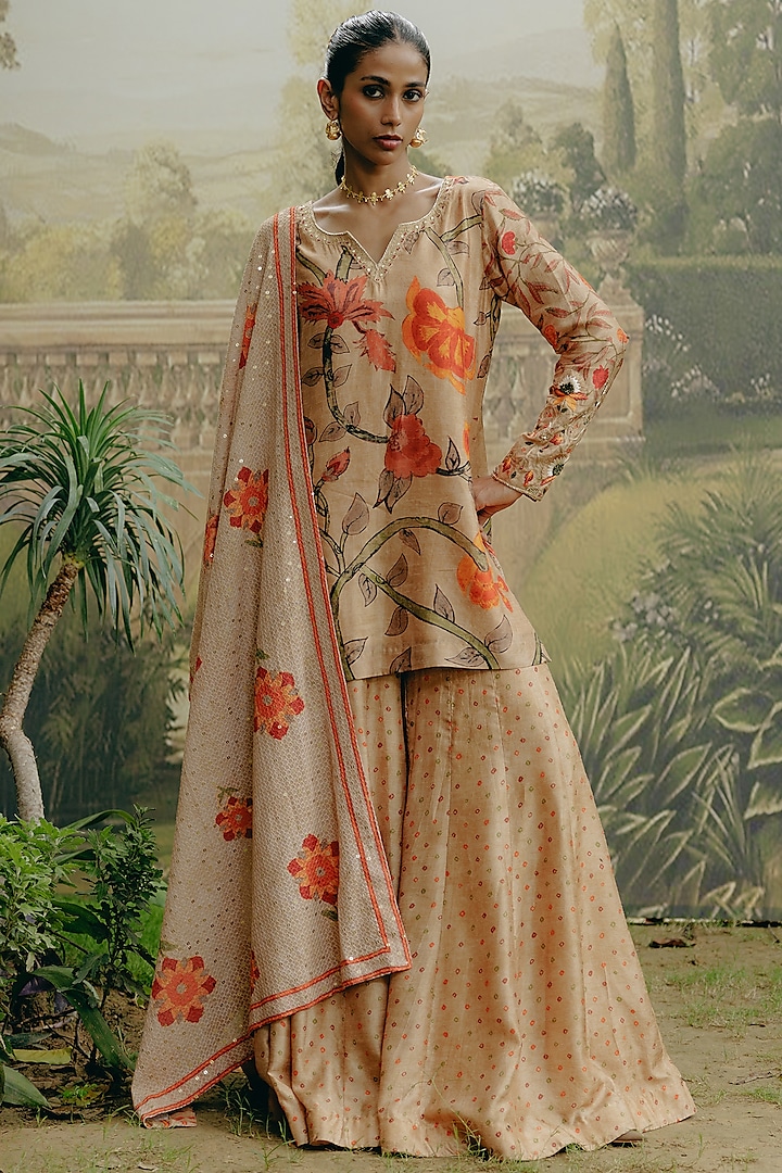 Biscuit-Colored Dupion Silk Embroidered & Printed Kurta Set by Drishti & Zahabia at Pernia's Pop Up Shop