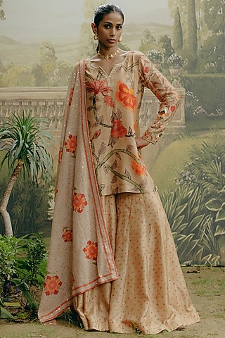 Biscuit-Colored Dupion Silk Embroidered & Printed Kurta Set by Drishti & Zahabia