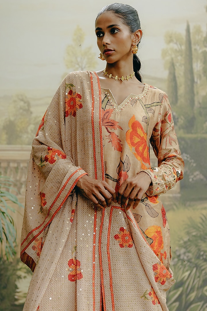 Biscuit-Colored Dupion Silk Embroidered & Printed Kurta Set by Drishti & Zahabia at Pernia's Pop Up Shop