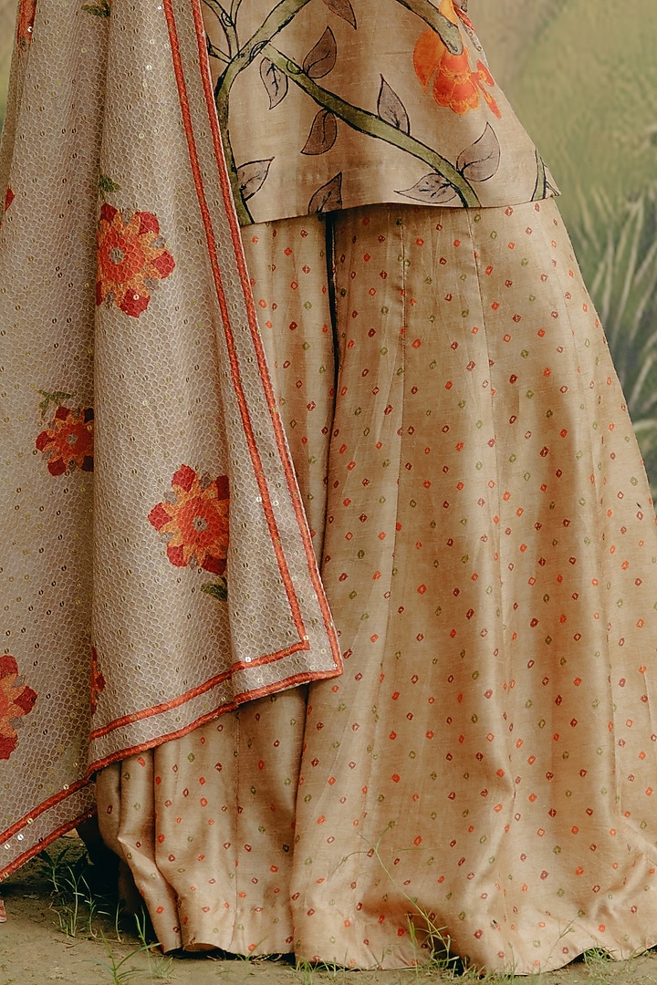 Biscuit-Colored Dupion Silk Embroidered & Printed Kurta Set by Drishti & Zahabia at Pernia's Pop Up Shop