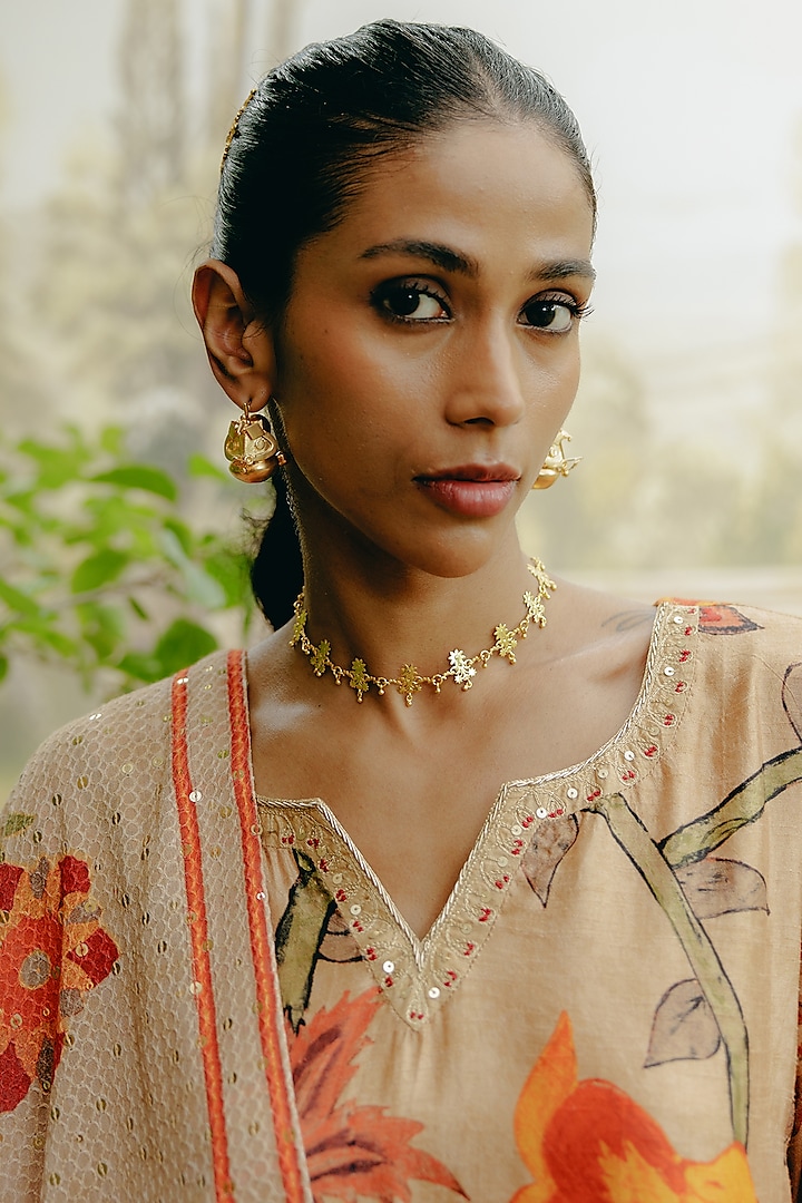 Biscuit-Colored Dupion Silk Embroidered & Printed Kurta Set by Drishti & Zahabia at Pernia's Pop Up Shop