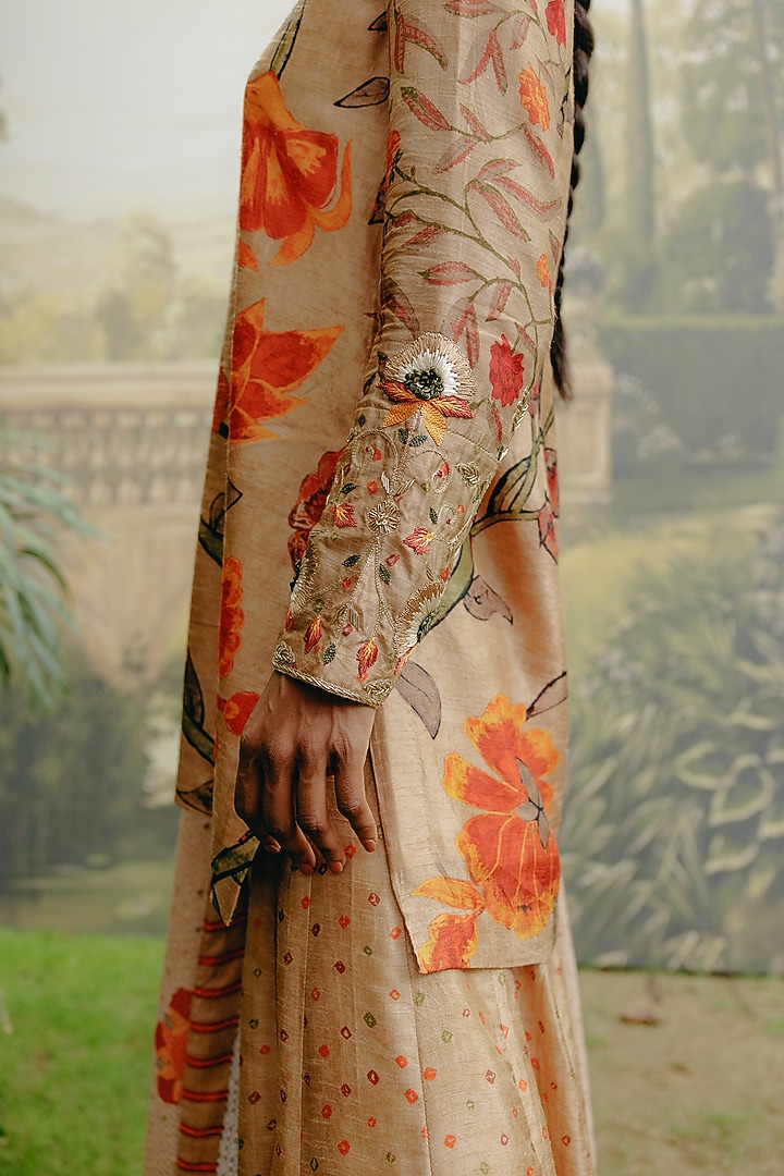 Biscuit-Colored Dupion Silk Embroidered & Printed Kurta Set by Drishti & Zahabia at Pernia's Pop Up Shop
