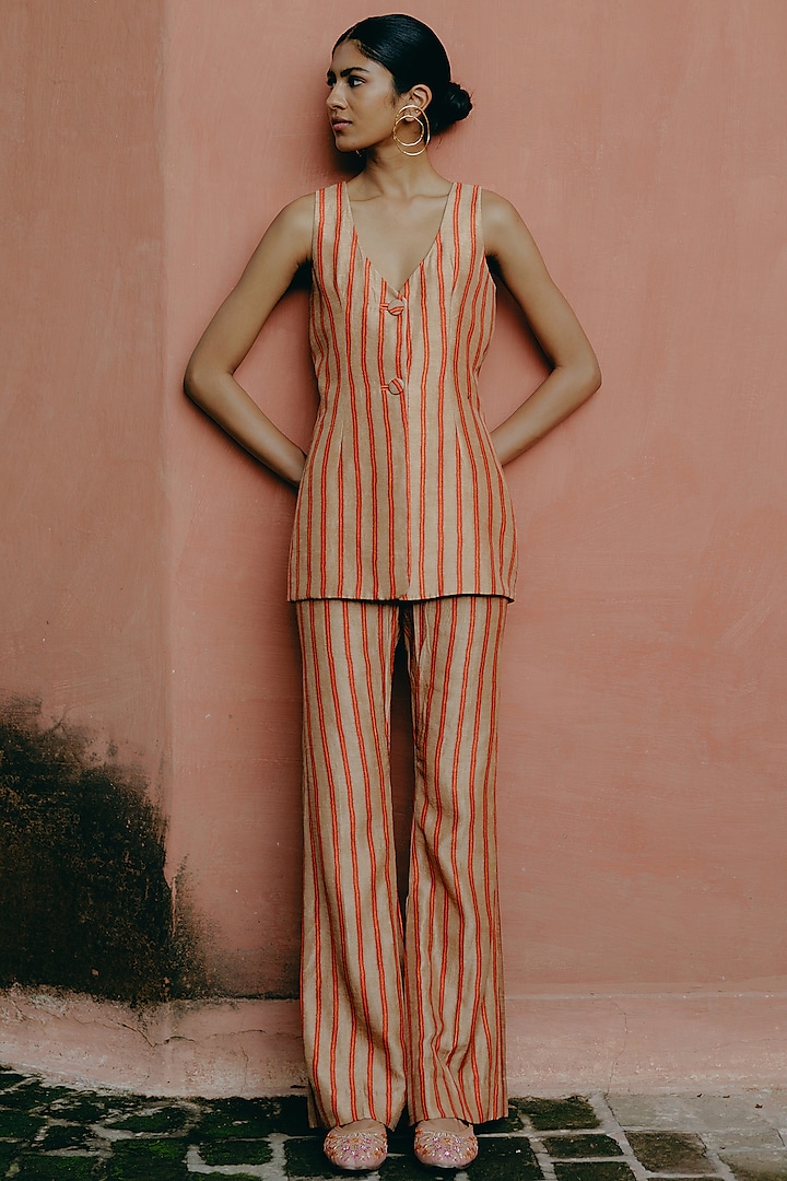 Biscuit-Colored Dupion Silk Printed Pantsuit Set by Drishti & Zahabia at Pernia's Pop Up Shop