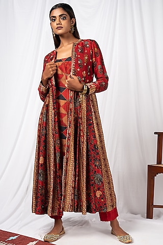 Cherry Red Printed & Embroidered Jacket Set by Drishti & Zahabia