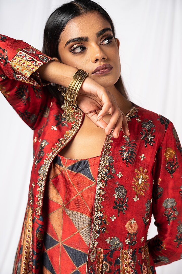 Cherry Red Printed & Embroidered Jacket Set by Drishti & Zahabia at Pernia's Pop Up Shop