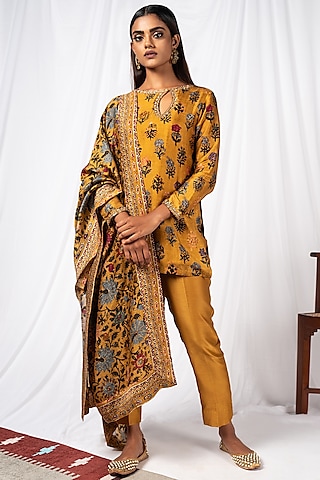 Mustard Printed & Embroidered Kurta Set by Drishti & Zahabia