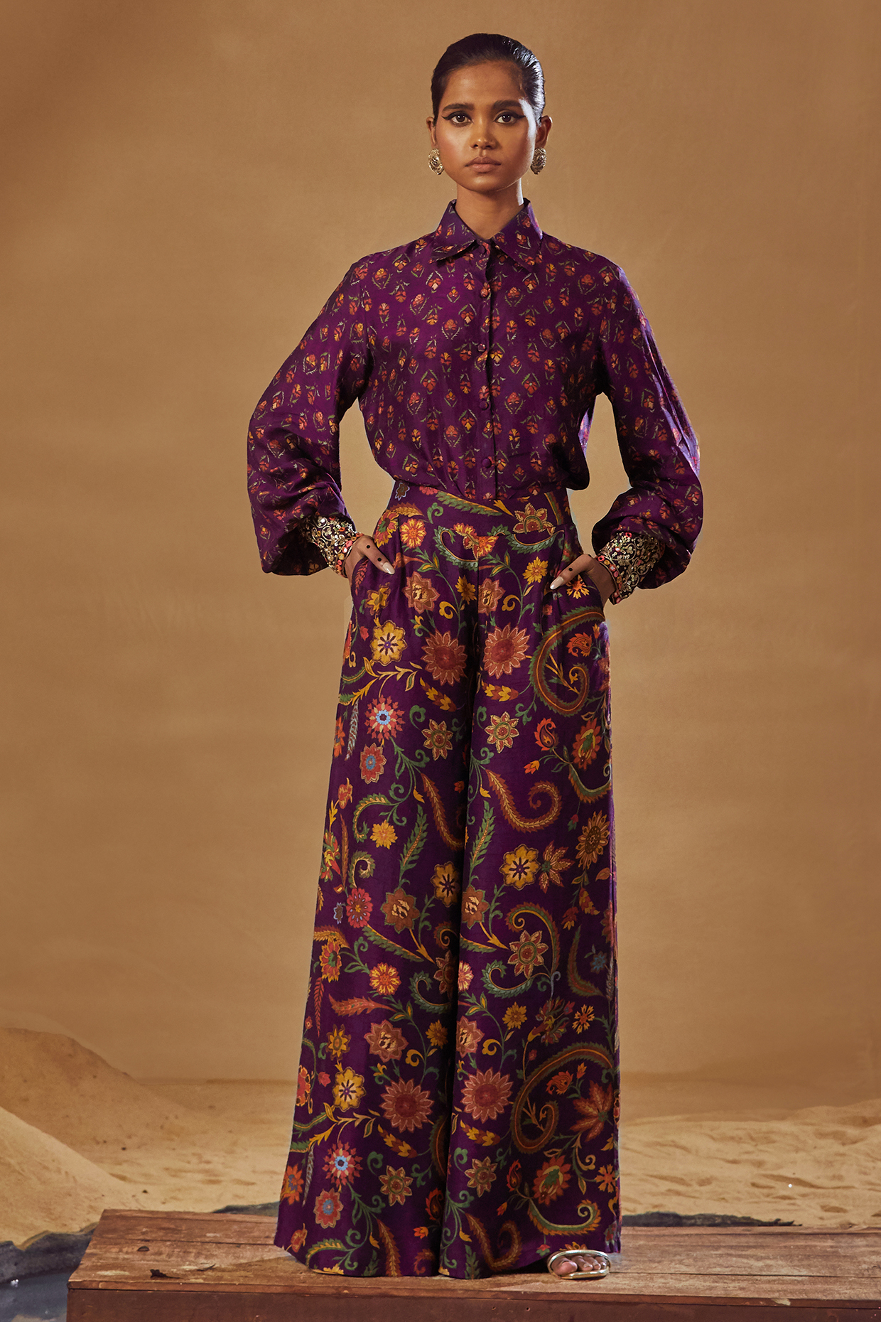 Purple Dupion Silk Pleated Pant Set by Drishti & Zahabia at Pernia's Pop Up Shop
