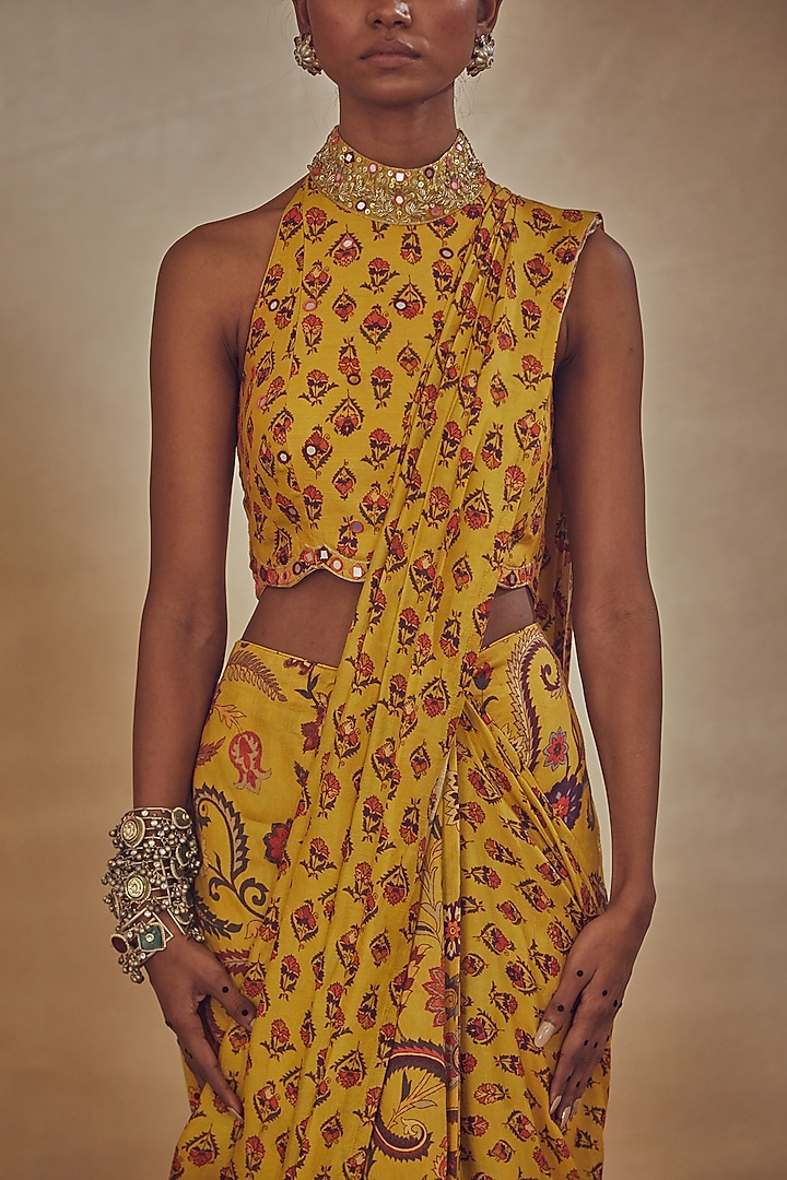 Yellow Printed Pre Stitched Party Wear Saree Set by Drishti & Zahabia at Pernia's Pop Up Shop