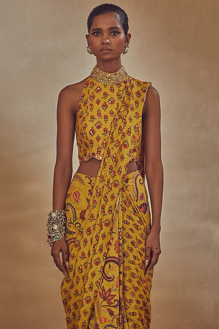Yellow Printed Pre Stitched Party Wear Saree Set by Drishti & Zahabia at Pernia's Pop Up Shop