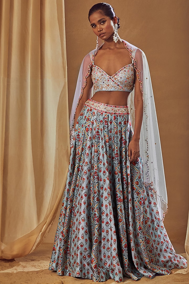 Light Blue Embroidered Wedding Lehenga Set by Drishti & Zahabia at Pernia's Pop Up Shop