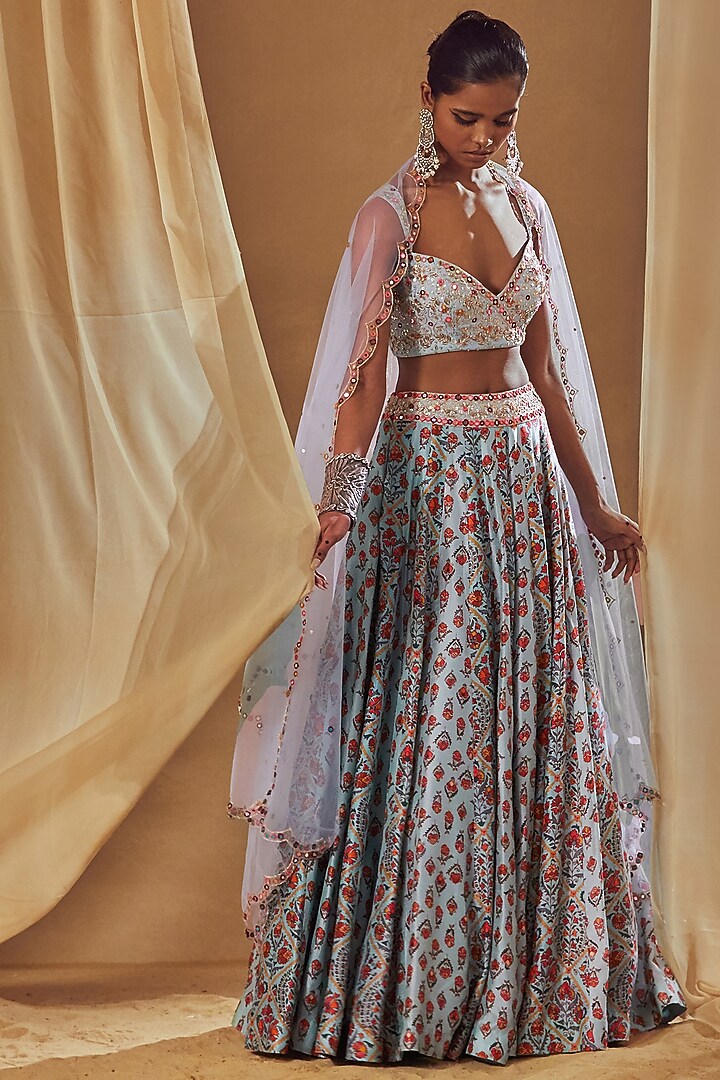 Light Blue Embroidered Wedding Lehenga Set by Drishti & Zahabia at Pernia's Pop Up Shop