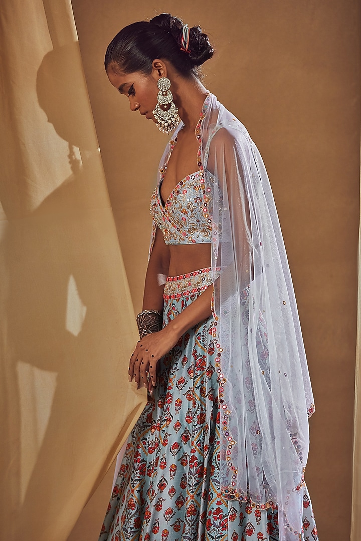 Light Blue Embroidered Wedding Lehenga Set by Drishti & Zahabia at Pernia's Pop Up Shop