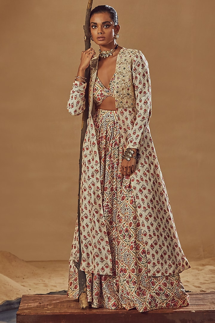 Ivory Printed Jacket Wedding Lehenga Set by Drishti & Zahabia at Pernia's Pop Up Shop
