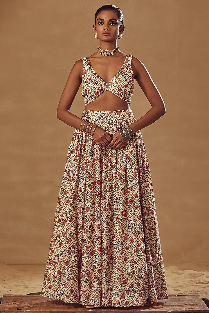 Ivory Printed Jacket Wedding Lehenga Set by Drishti & Zahabia at Pernia's Pop Up Shop