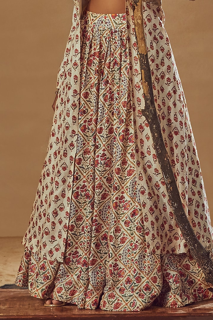 Ivory Printed Jacket Wedding Lehenga Set by Drishti & Zahabia at Pernia's Pop Up Shop