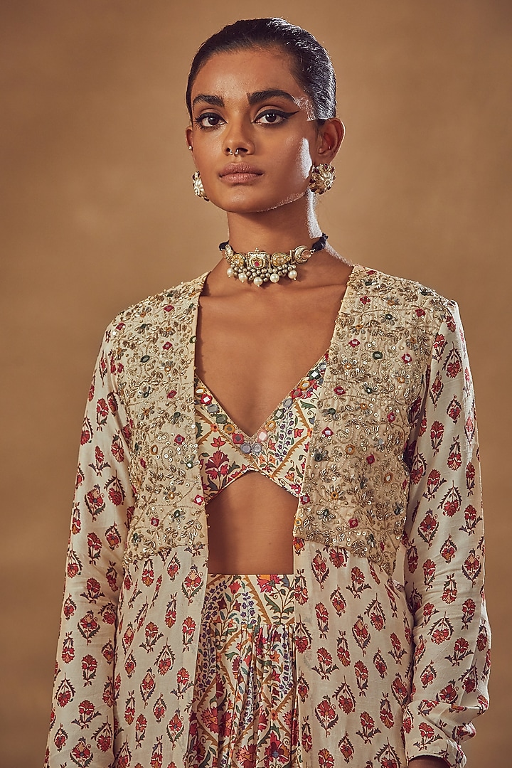 Ivory Printed Jacket Wedding Lehenga Set by Drishti & Zahabia at Pernia's Pop Up Shop