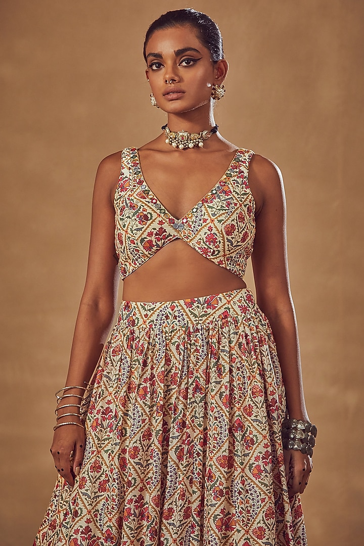 Ivory Printed Jacket Wedding Lehenga Set by Drishti & Zahabia at Pernia's Pop Up Shop