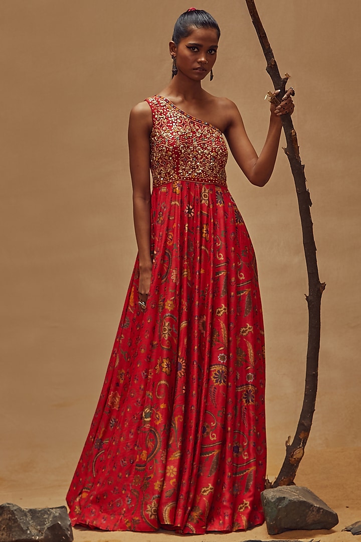 Red One-Shoulder Maxi Dress by Drishti & Zahabia