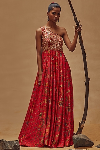 Red One-Shoulder Maxi Dress by Drishti & Zahabia