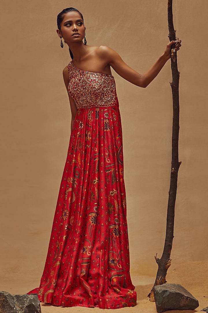 Red One-Shoulder Maxi Cocktail Dress by Drishti & Zahabia at Pernia's Pop Up Shop