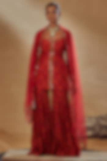 Red Dupion Silk Printed Sharara Set by Drishti & Zahabia at Pernia's Pop Up Shop