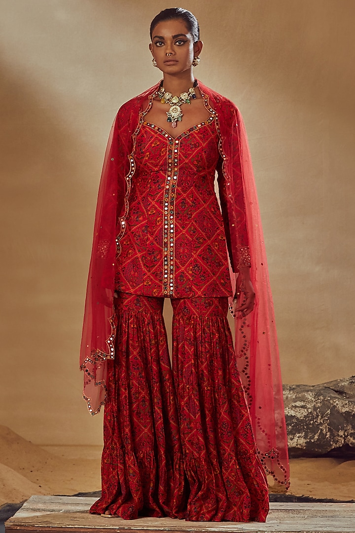 Red Dupion Silk Printed Sharara Set by Drishti & Zahabia at Pernia's Pop Up Shop