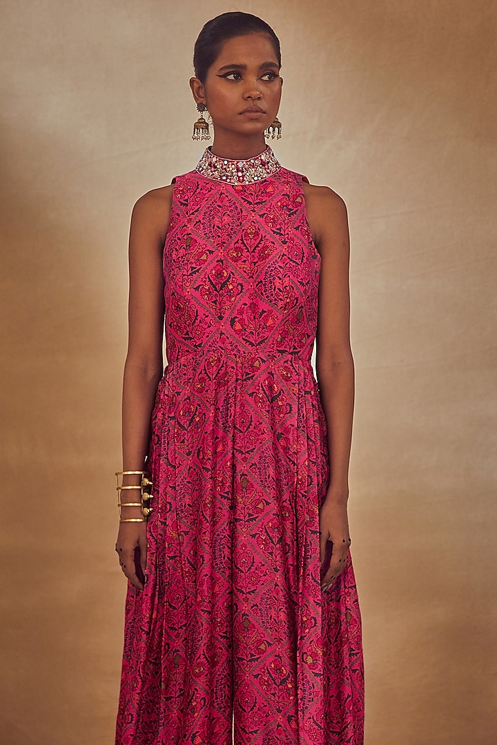 Fuchsia Embroidered Pleated Jumpsuit by Drishti & Zahabia at Pernia's Pop Up Shop