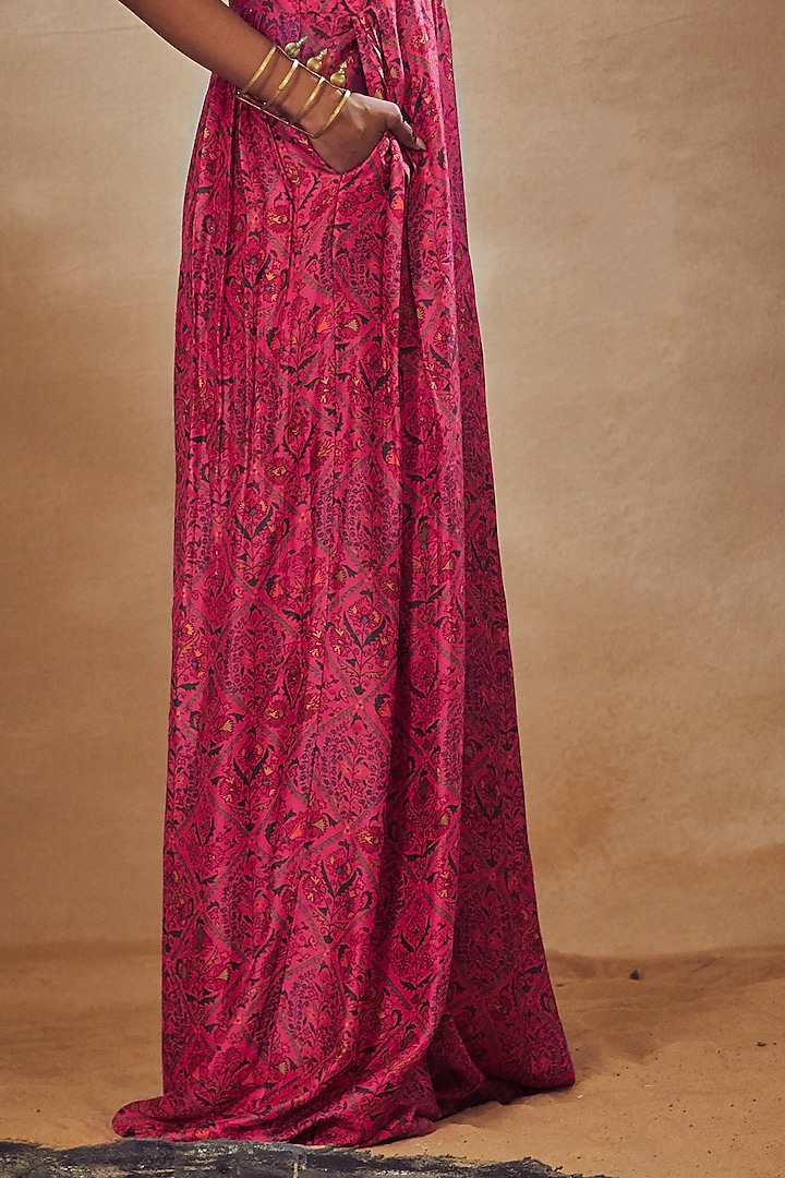 Fuchsia Embroidered Pleated Jumpsuit by Drishti & Zahabia at Pernia's Pop Up Shop